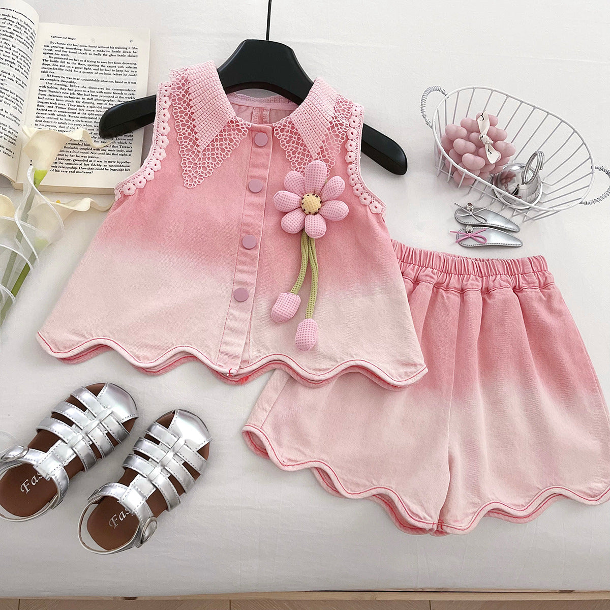 Princess Style Denim Lace Western Sleeveless Shorts Two-piece Children's Suit