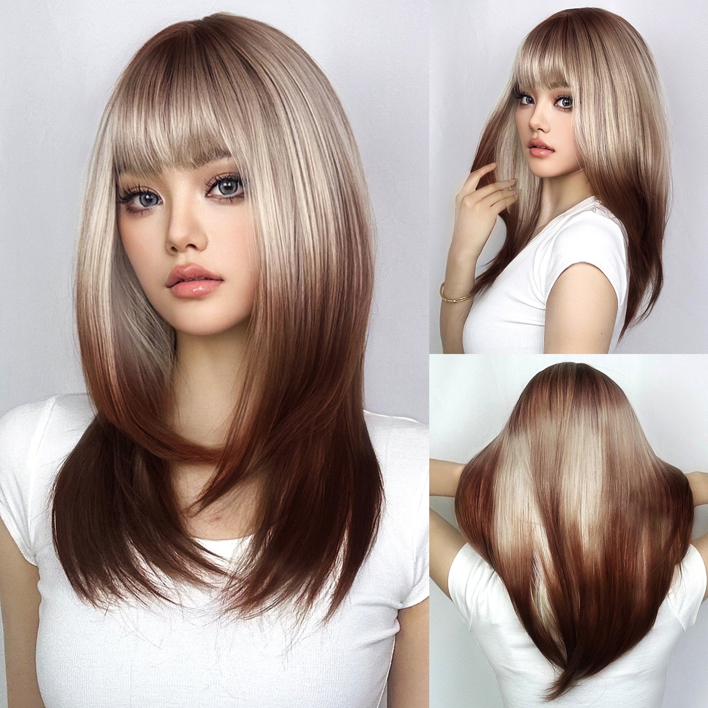 Punk Pink Gradient Dark Brown Fringe Straight Wig Long Curls