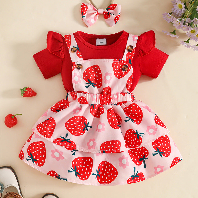 Sleeve Triangle Rompers With Strawberry Printed Suspender Dress Jumpsuit, Climbing Suit