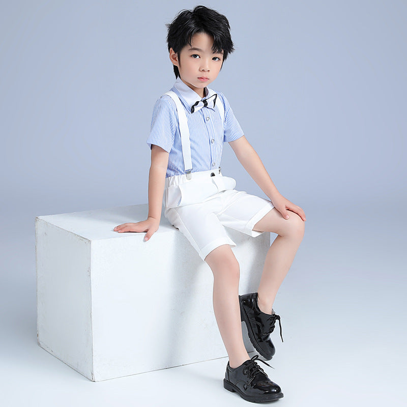 Children's Spring Boy's Korean Style Striped Short-sleeved Suspender Pants Piano Host Children's Suit