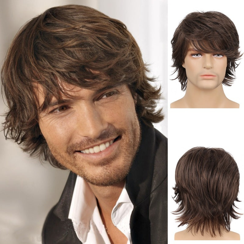 Men's Brown Fiber Synthetic Wigs Pieces Wig Short Straight Hair