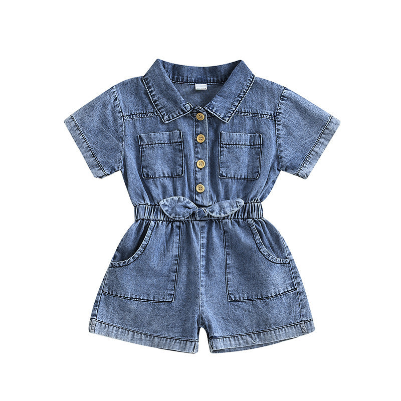 Summer Jumpsuit Denim Short-sleeved Lapel Jeans Children's Pants