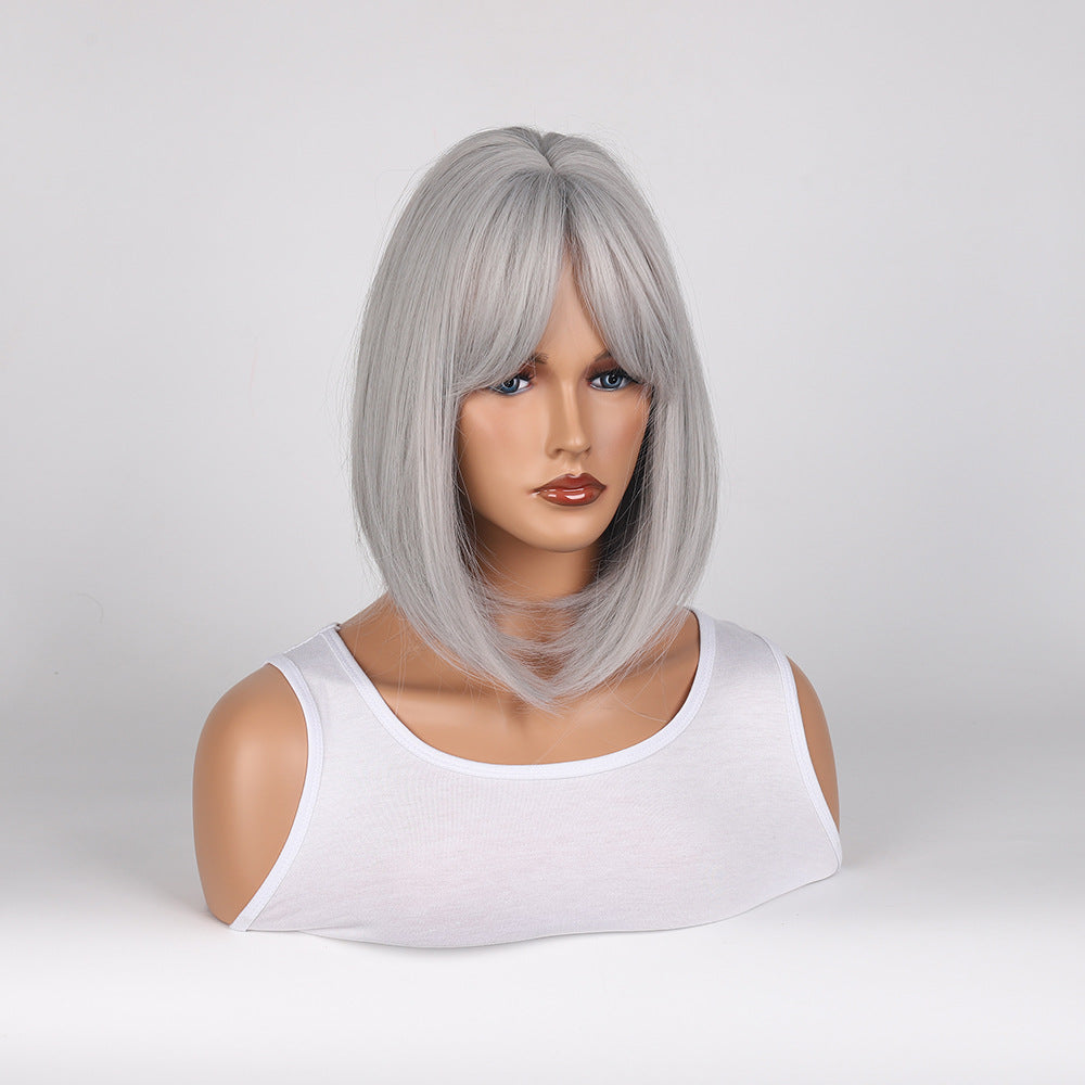 Fashion Women's Gray Golden Straight Bangs Wig Short Curly Hair