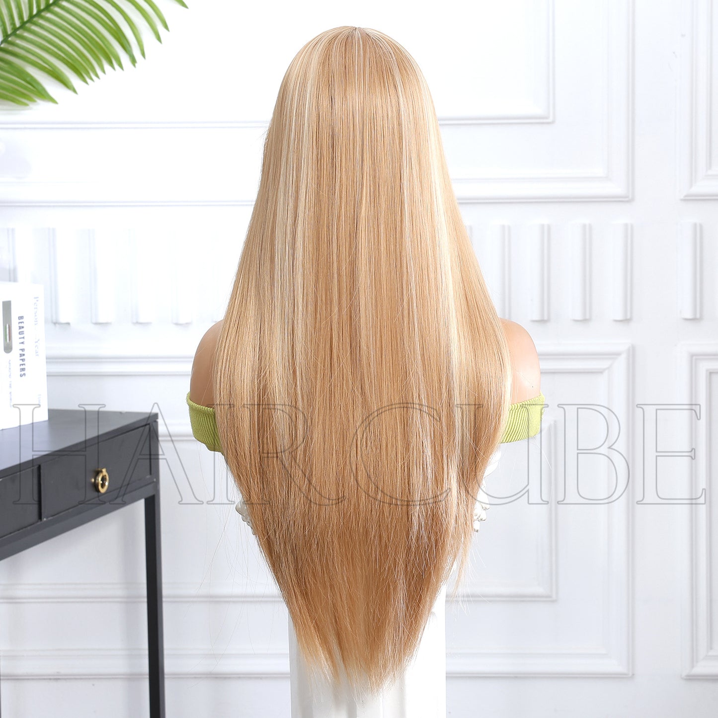 Female Headgear Mid-length Hair Chemical Fiber Golden Highlight Long Straight Wig