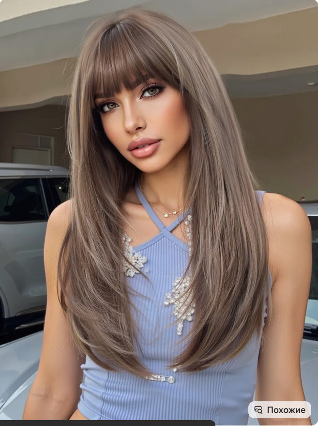 Women's Fashion Gray White Mixed Color Short Curly Hair Side Bangs Long Straight Wig
