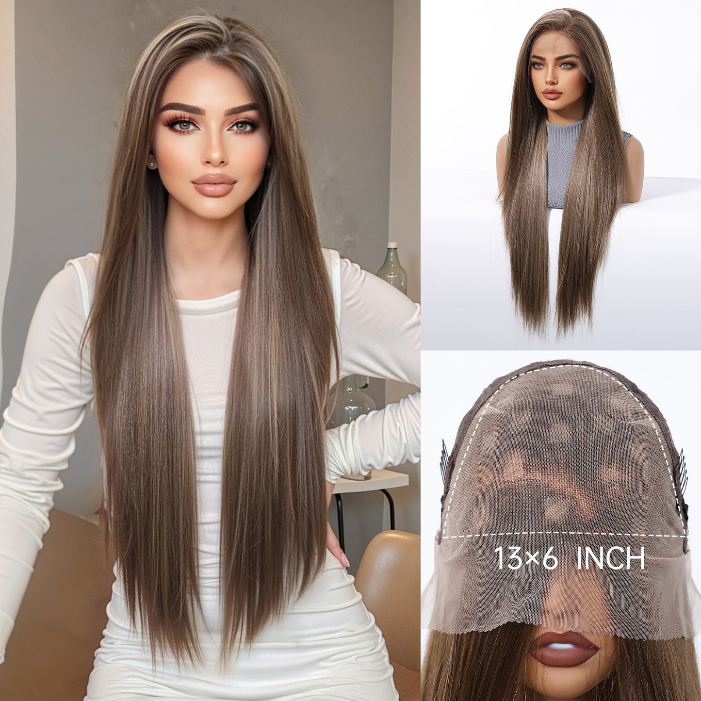 Imported Silk Black Lace Female Free Seam Breathable Long Straight Wig