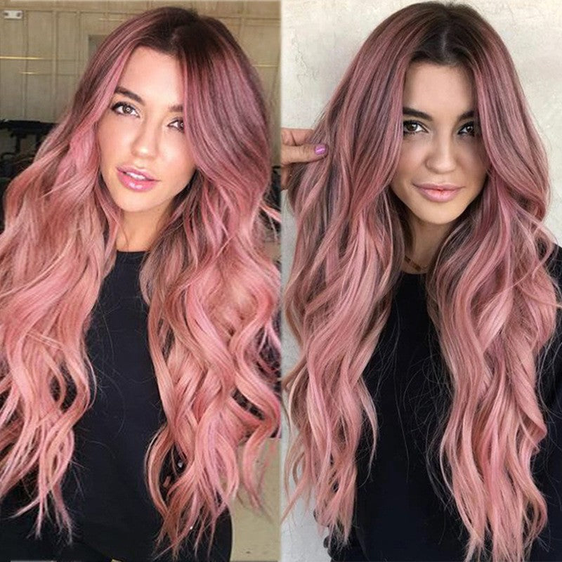 Female Medium Gradient Pink Curly Hair Wig Long Curls