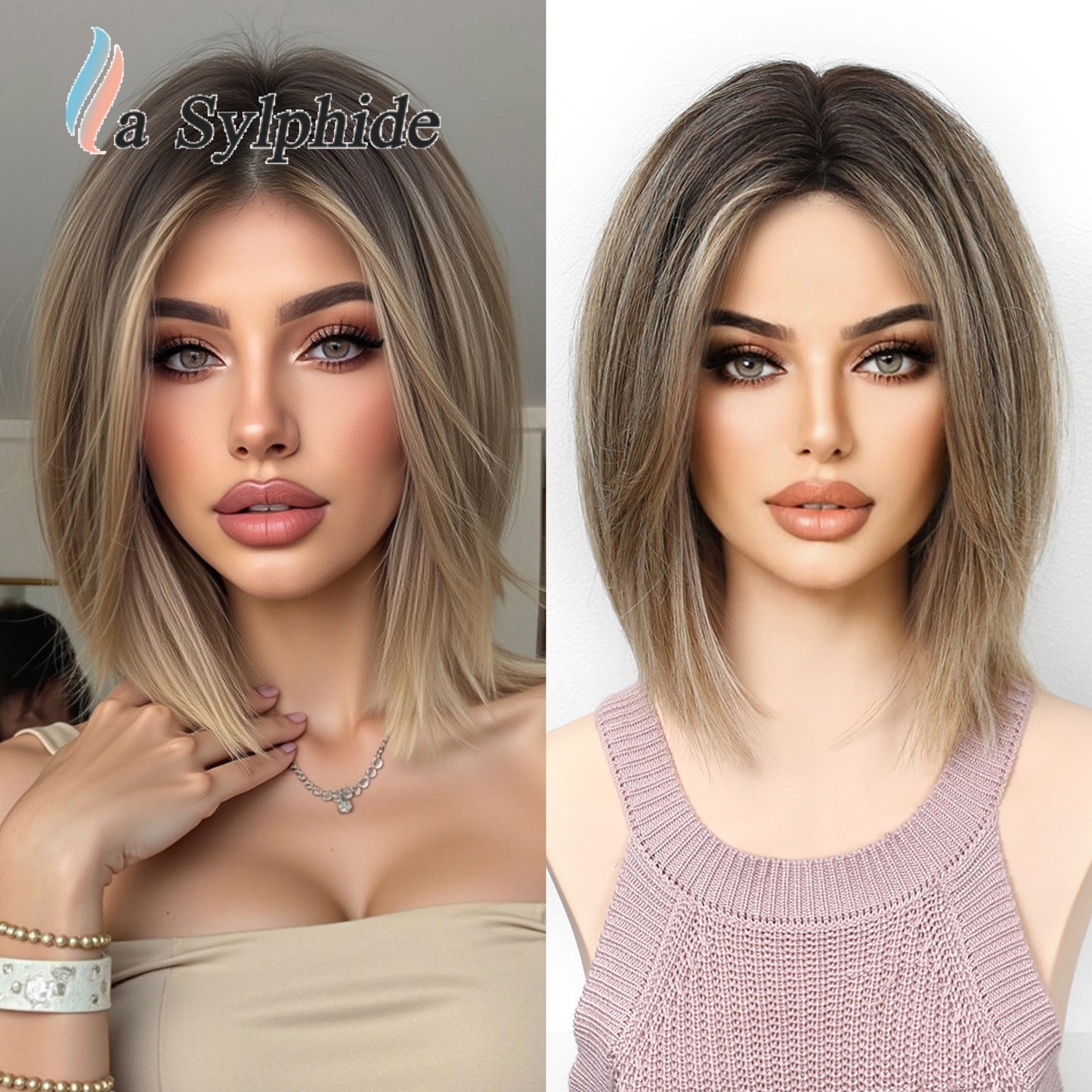 Female Brown Gradient Mid-point Fashion Overseas Wig Short Straight Hair
