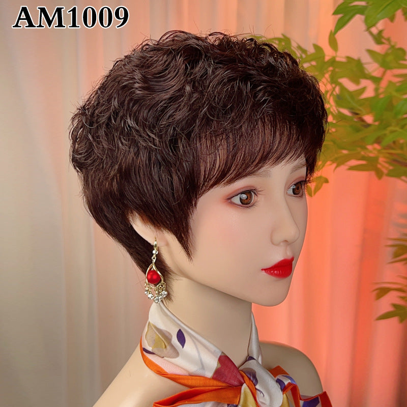Women's Full Human Mother's Sheath Short Breathable Real Hair Wig