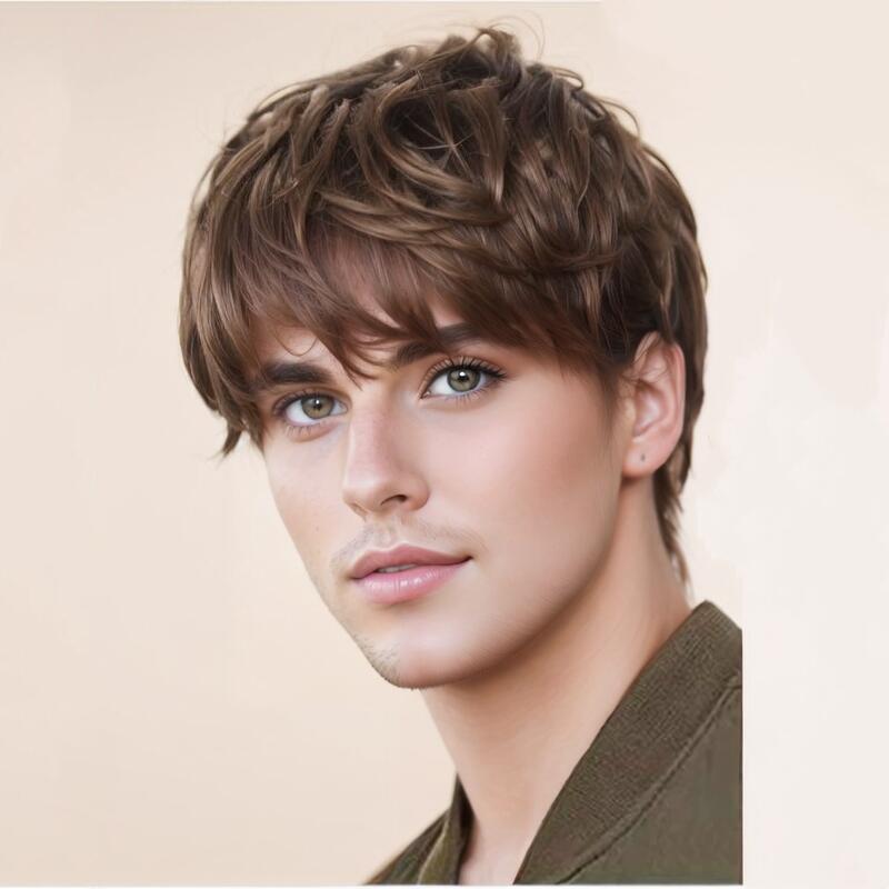 Men's Hair Brown Fluffy Black Curly Side Bangs Men's Wig