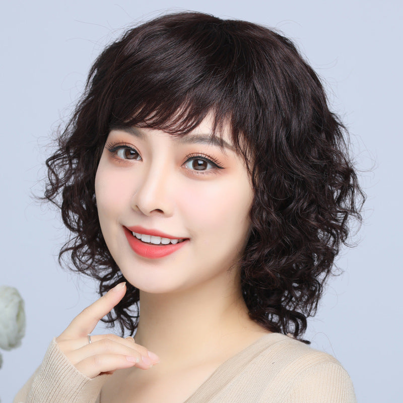 Women's Curly Lady Mom Human Wigs Full Real Hair Wig