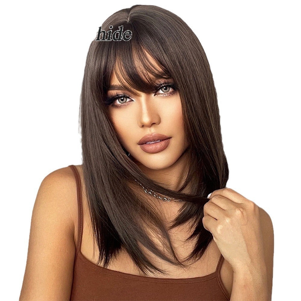 Black Female Bangs Head Brown Chemical Fiber Woven Long Straight Wig