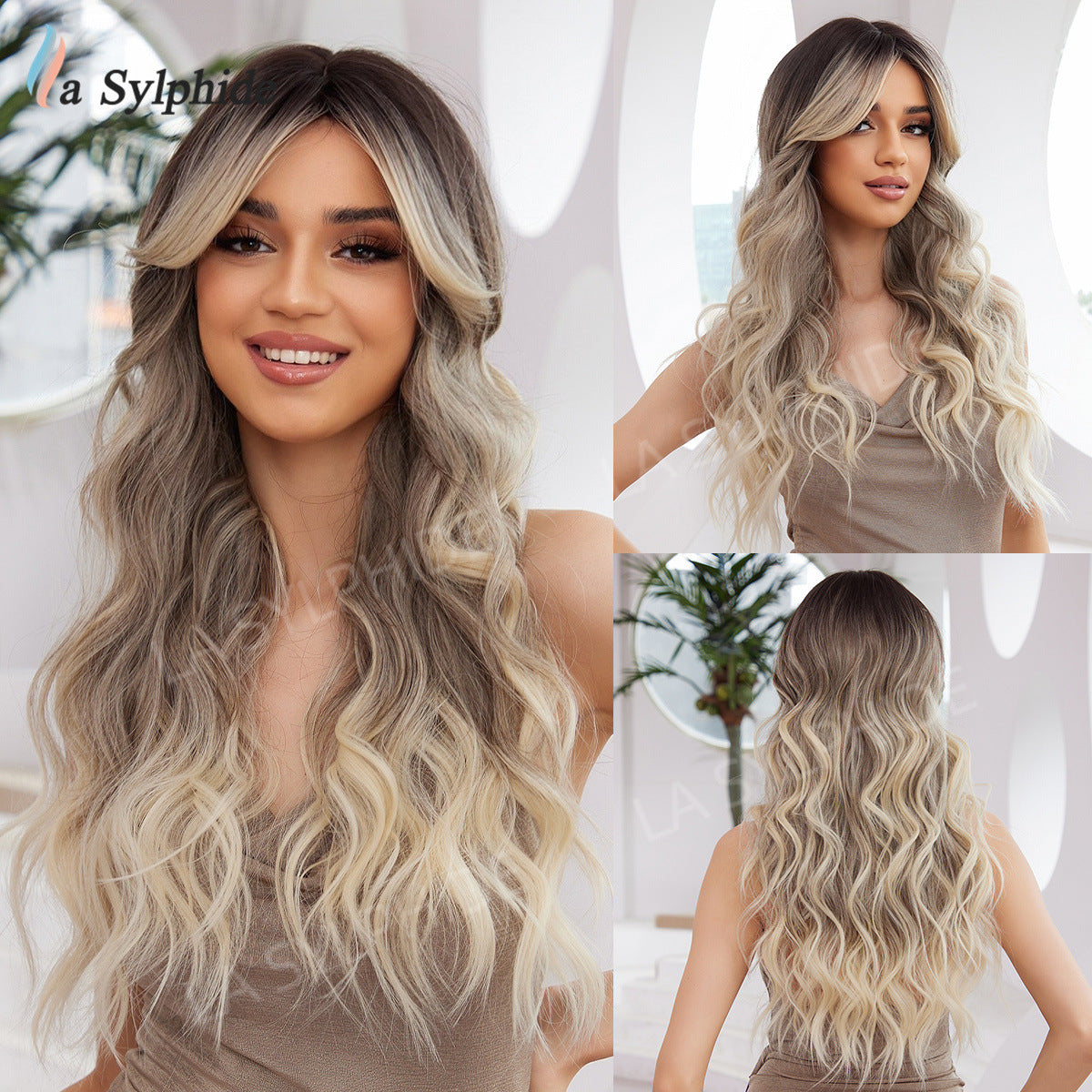 Pink Gray Gold Bangs Curly Hair Rose Net Matte Wig Long Curls