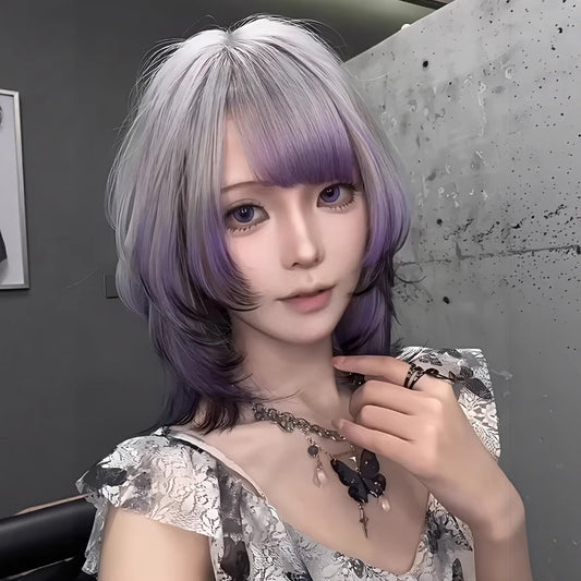 Purple Short Hair Style Subculture Paris Painting Dyeing Gradient Highlight Other Wig