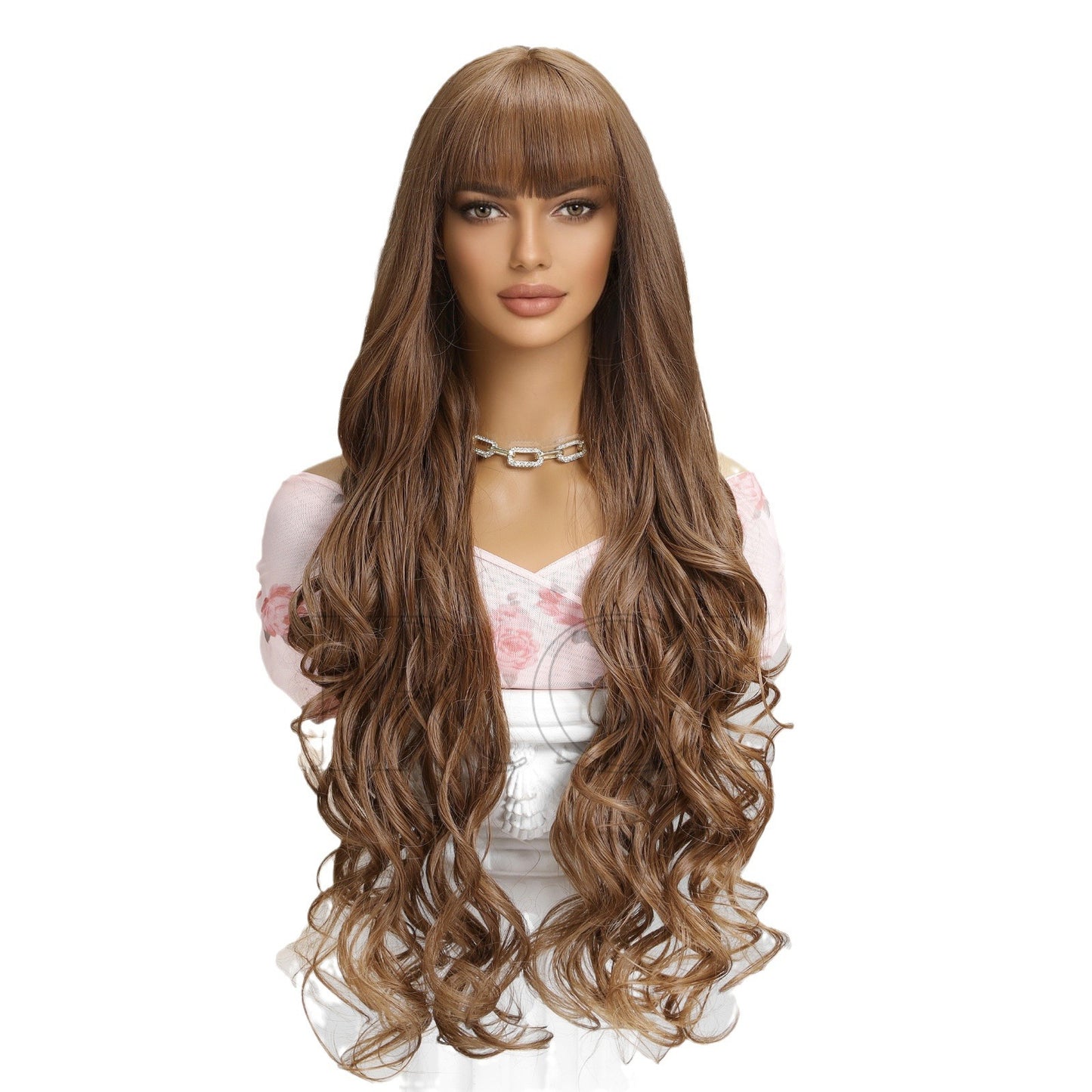 Dark Brown White Gold Color Highlight Wig Long Curls