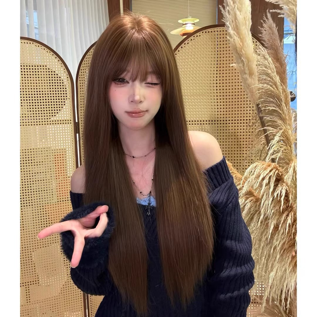 Tea Chestnut Brown Bangs Hair Female Atmosphere Long Straight Wig