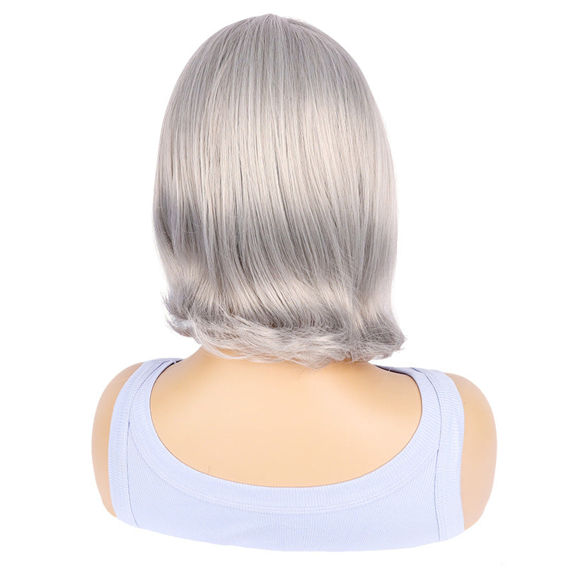Women's Fashion Small Lace Gray Mid-length Head Wig Short Curly Hair