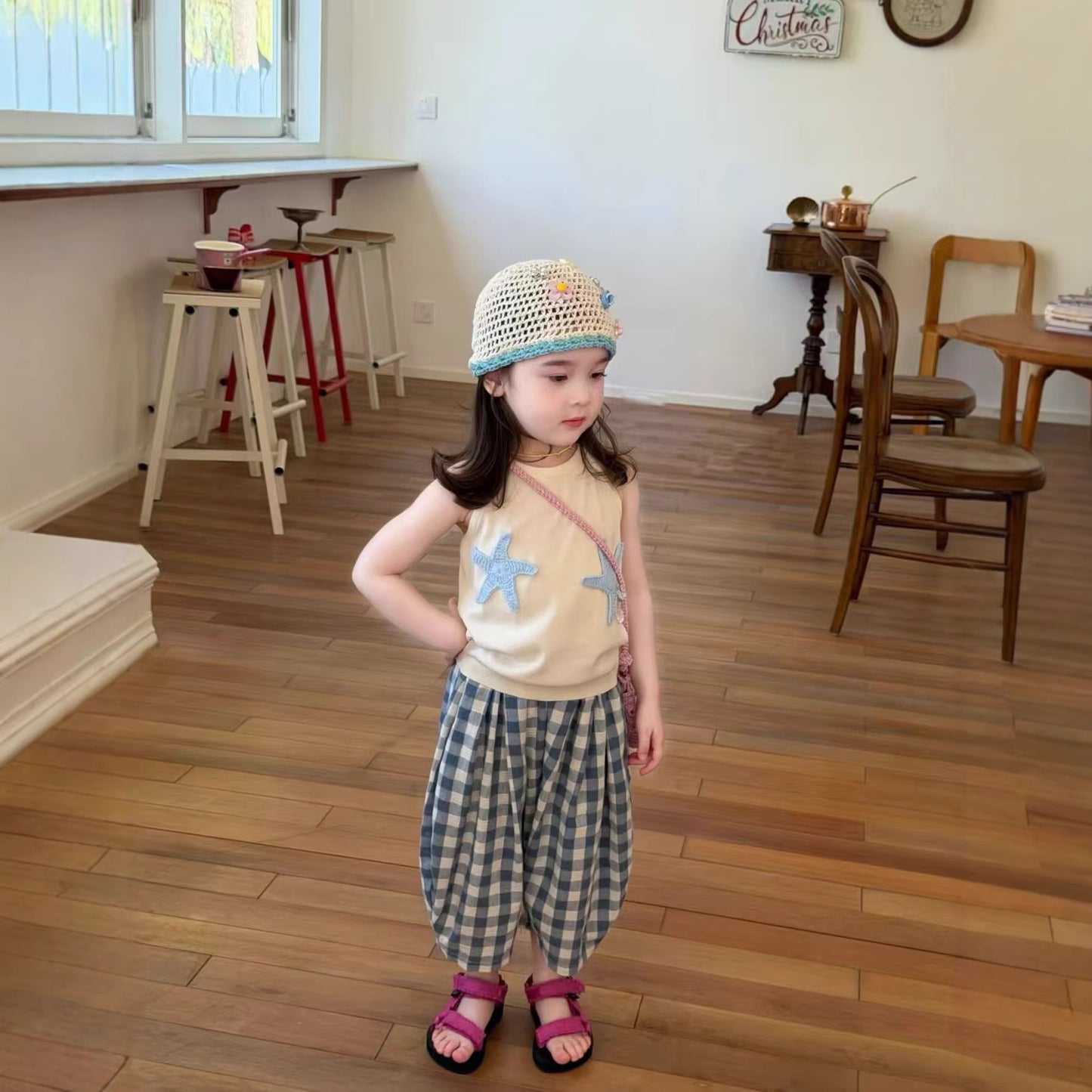 Children's Sleeveless Vest Plaid Capri Pants Two-piece Children's Suit