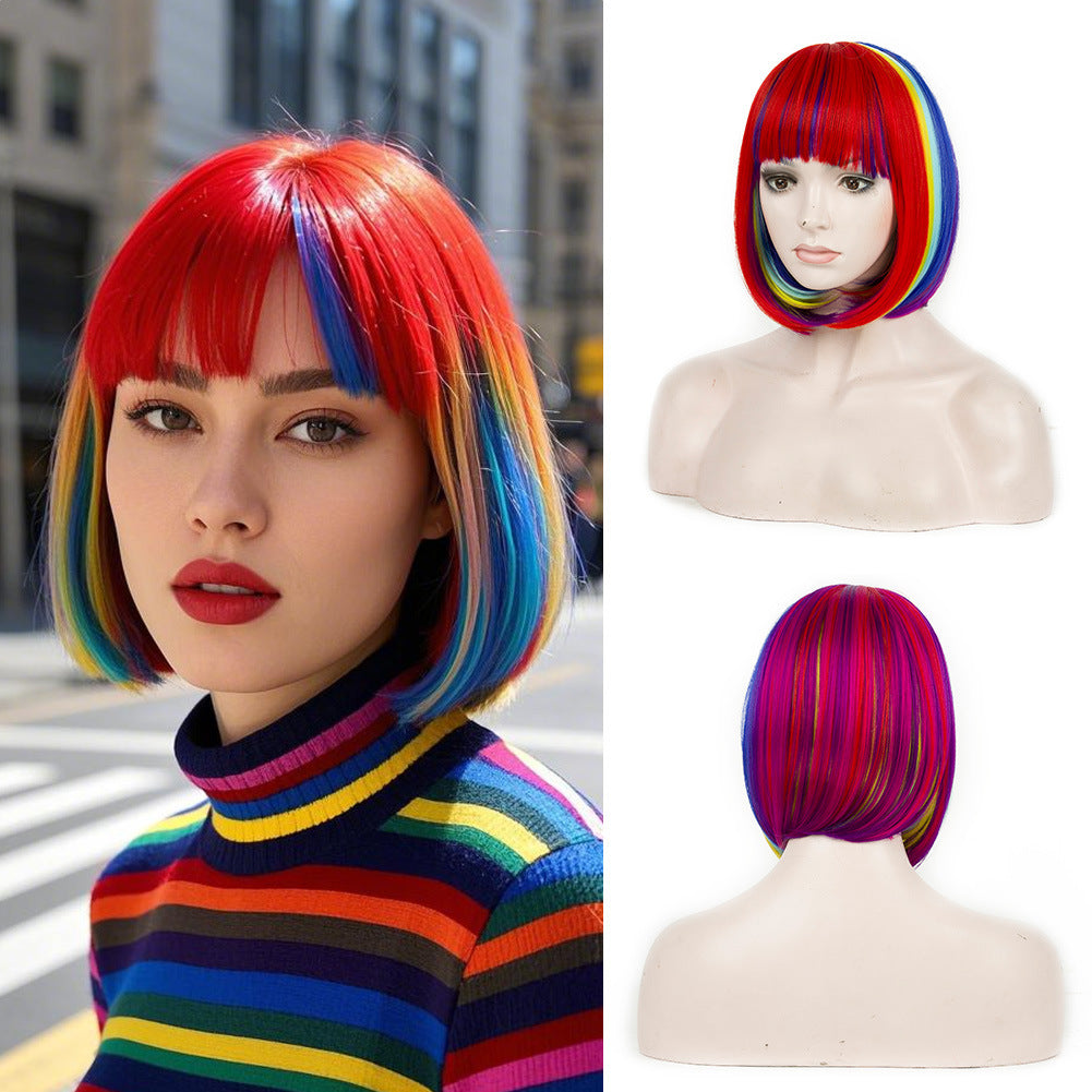 Women's Fashion Long Black Head Cover With Wig Short Straight Hair
