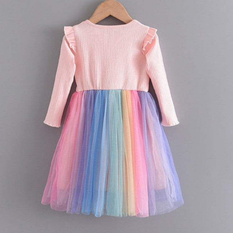 Sunken Stripe Mesh Korean Style Fashionable Fashion Children's Dress