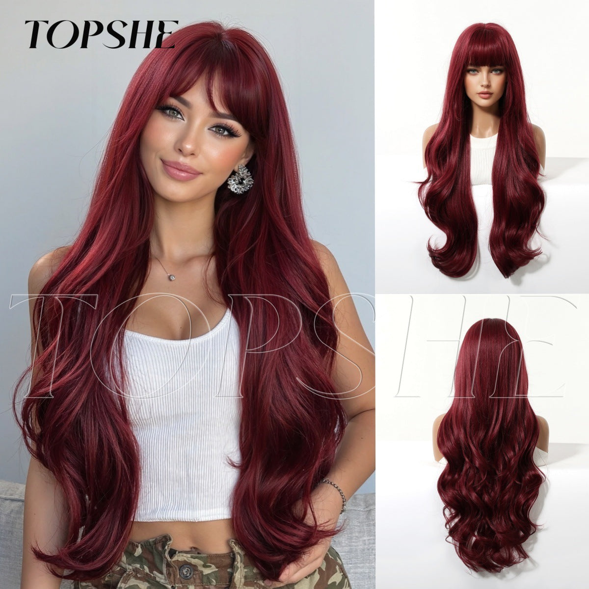 Dyed Brown Straight Bangs Big Wave Curly Wig Long Curls