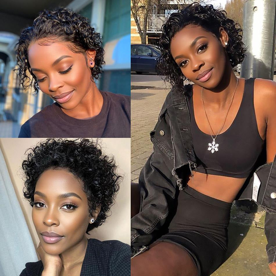 Women's African Short Curly Hand Wrapped Lace Elf Real Hair Wig