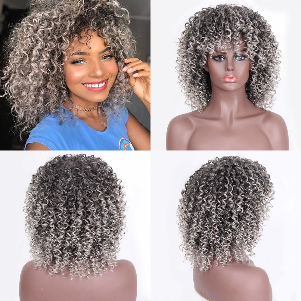 Women's African Afro Wigs With Small Headgear Black Wig Short Curly Hair