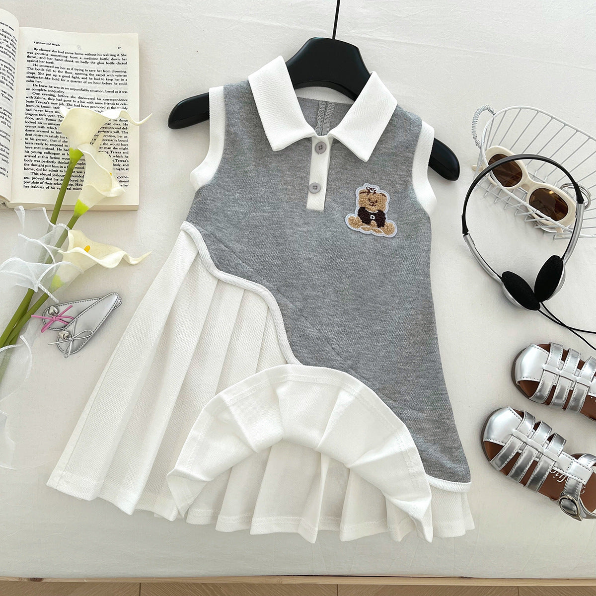 Fashionable Trendy Preppy Style Cartoon Bear Collar Stitching Children's Dress