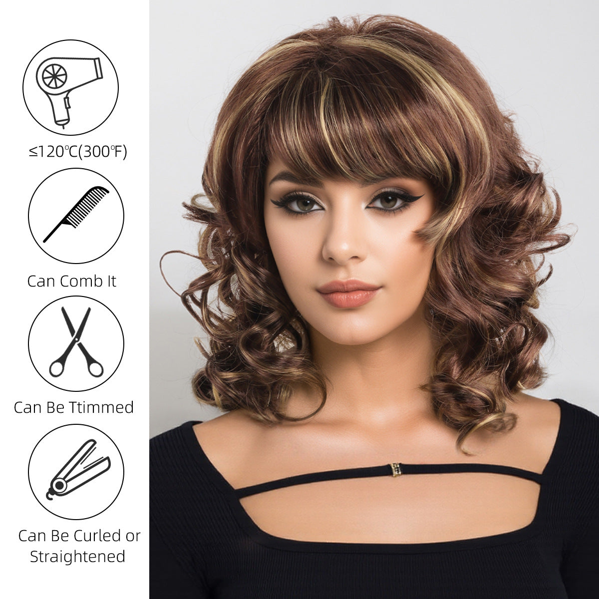 Female Straight Bangs Brown Natural Full Top Daily Wig Short Curly Hair