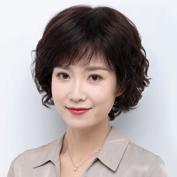 Versatile Female Short Mother Curly Sheath Real Hair Wig