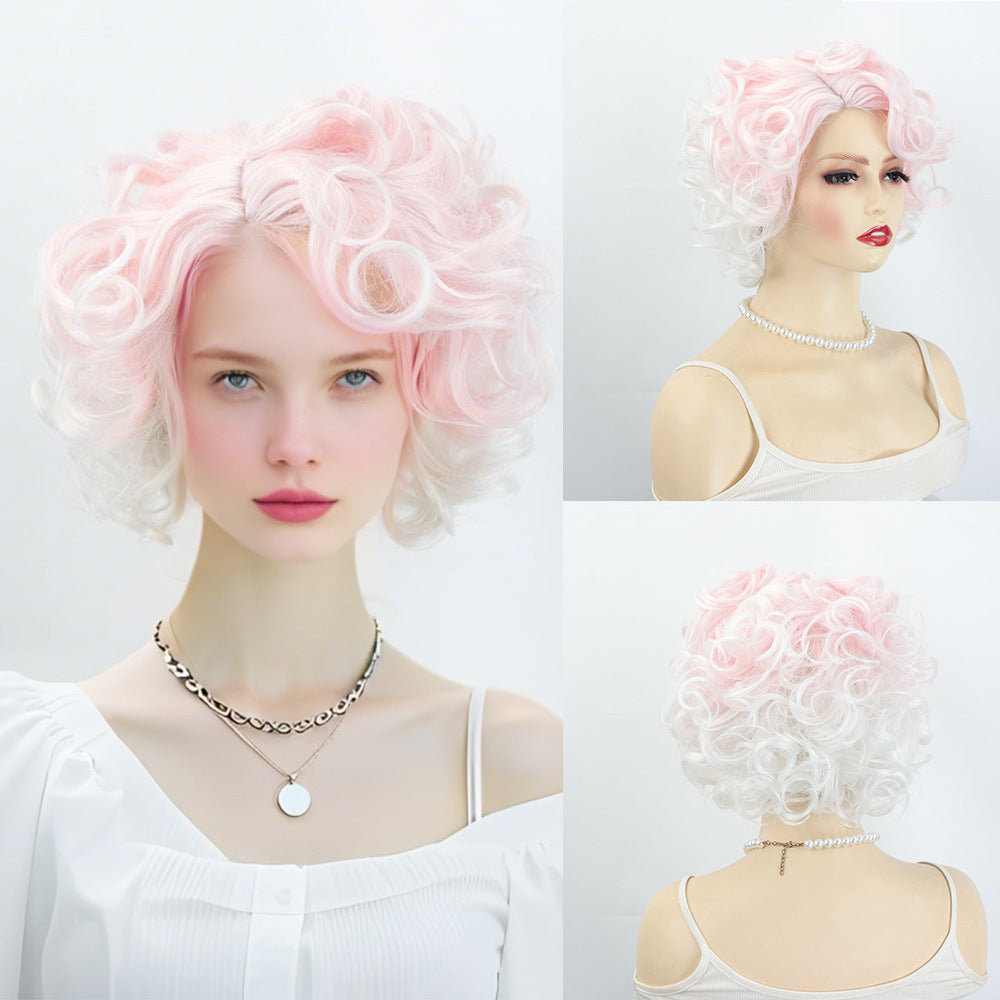 Women's Fashion Gradient Pink Small Roll Synthetic Wig Short Curly Hair