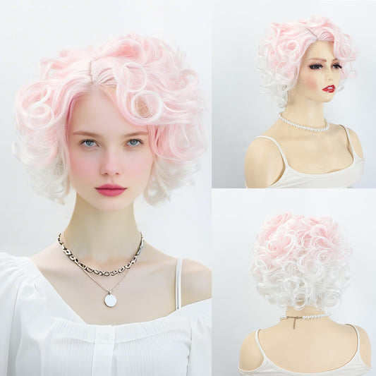 Women's Fashion Gradient Pink Small Roll Synthetic Wig Short Curly Hair
