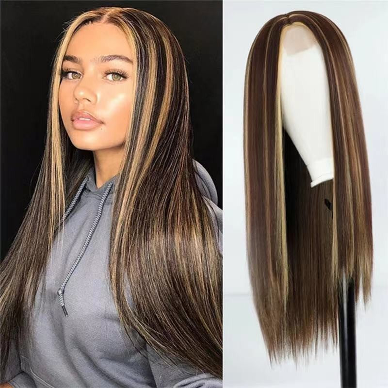 Women's African Fashion Medium Hair Highlights Gradient Color Long Straight Wig