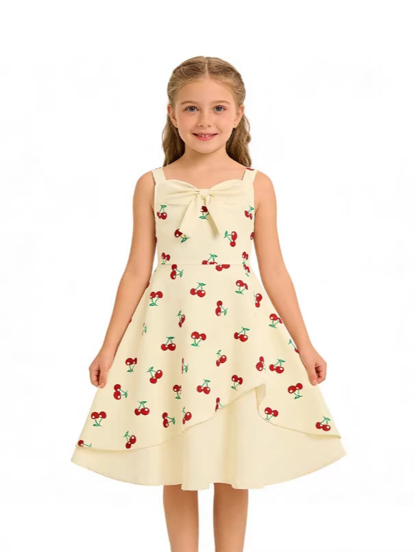 Children's Clothing Vintage Cherry Print Sweet Bow Irregular Strap Children's Dress