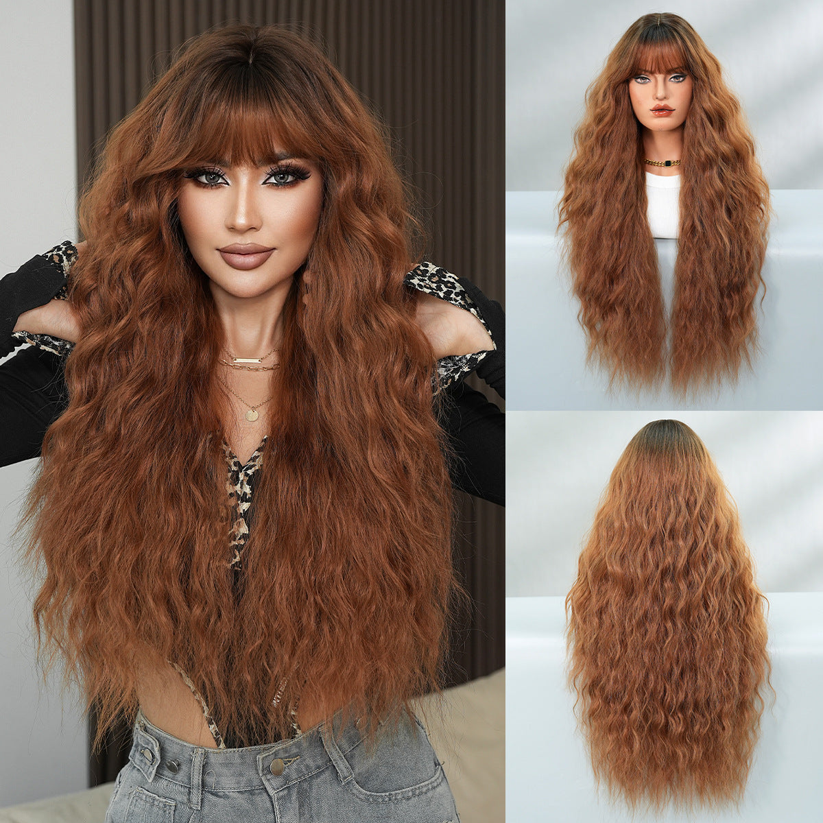 Women's Caramel Red Brown Hair Water Ripple Curly Fashion Wig Long Curls