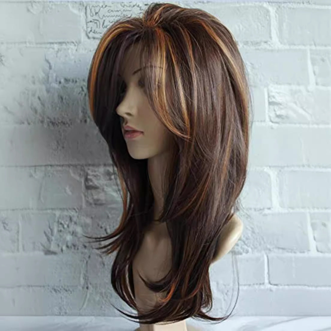 Women's Brown Highlights Gradient Curly Hair Fluffy Pear-shaped Roll Inner Buckle Wig Long Curls