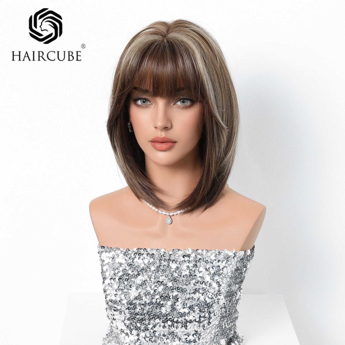 Bangs Elegant Female Wave Shoulder Dark Brown Natural Summer Breathable Wig Short Straight Hair
