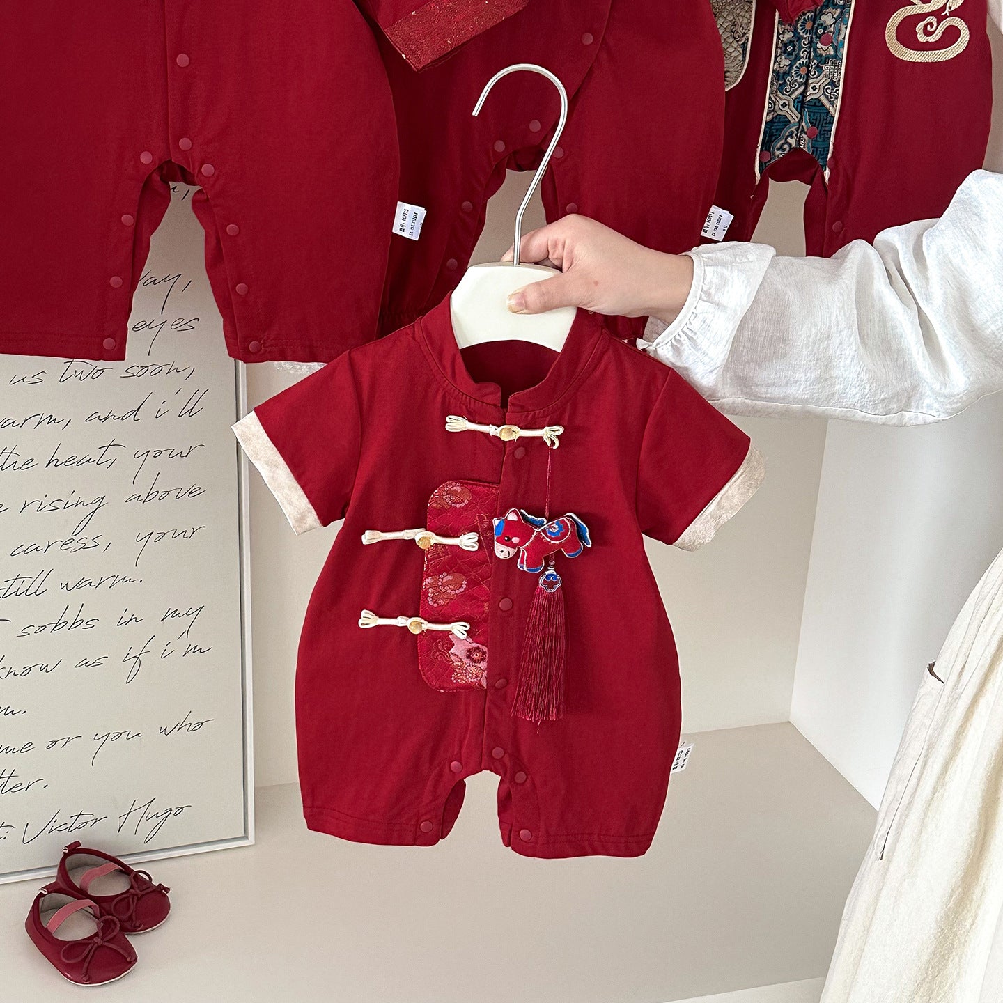 Boy Red Clothes Summer Jumpsuit Hundred Days Banquet Centennial Year Jumpsuit, Climbing Suit
