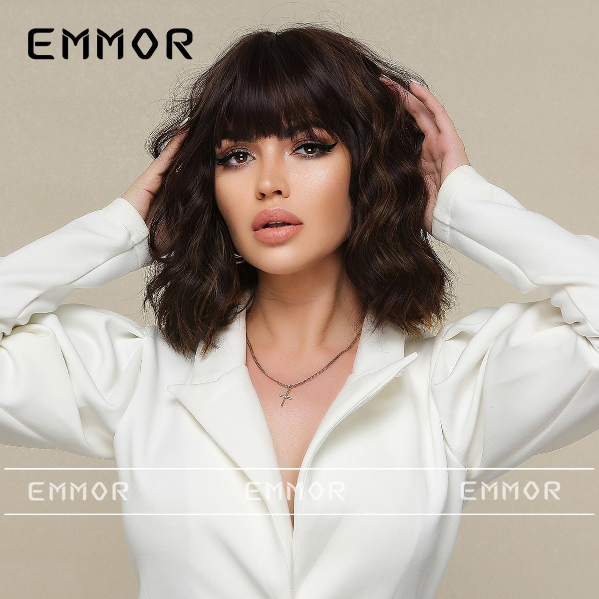 Female Straight Bangs Black Brown Shoulder Wig Short Curly Hair