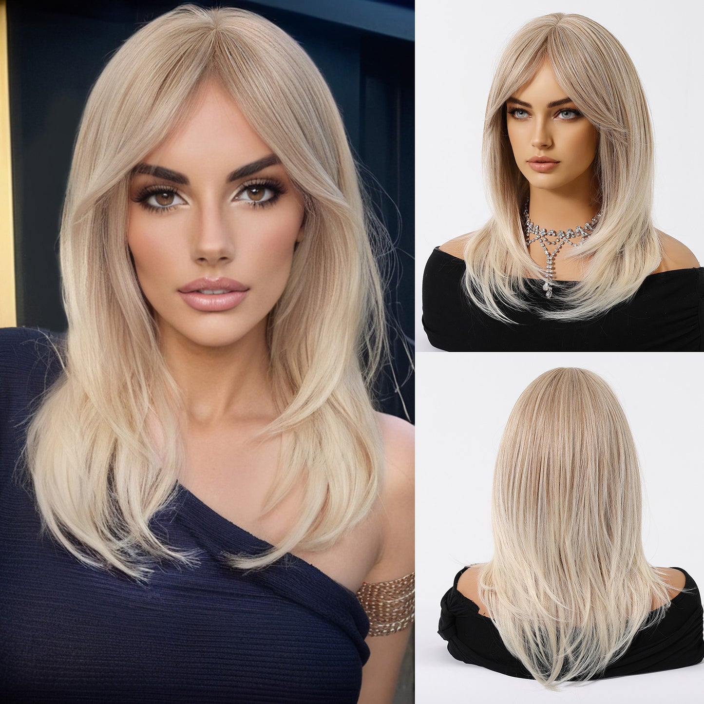 Women's Gradient Golden Bangs Fiber Rose Net Long Straight Wig