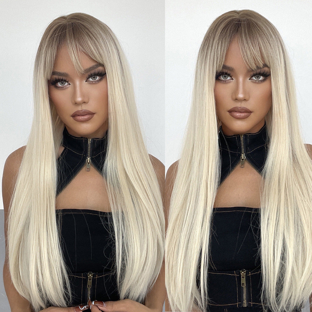 Bangs Gradient Gray Hair Chemical Fiber Head Long Straight Wig
