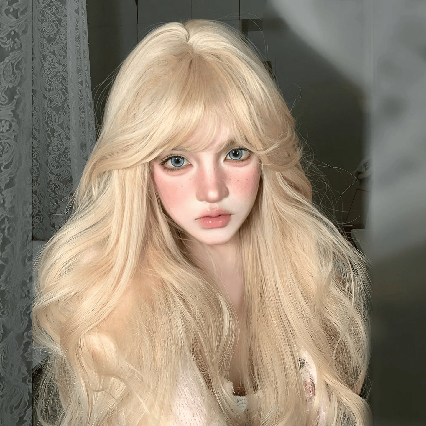 Women's Gold Color Mid-length Bangs Curly Big Wave Natural Simulation Wig Long Curls