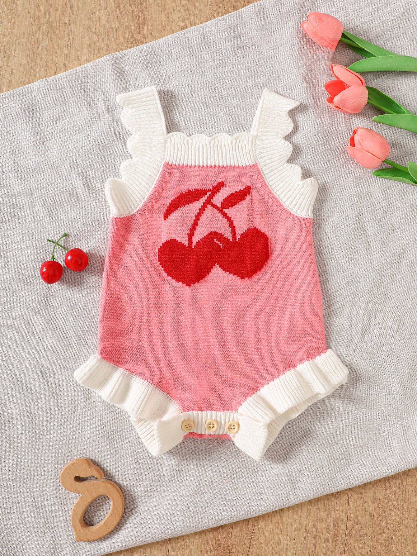 Sling Triangle Rompers Cartoon Strawberry Embroidered Sweater Jumpsuit, Climbing Suit