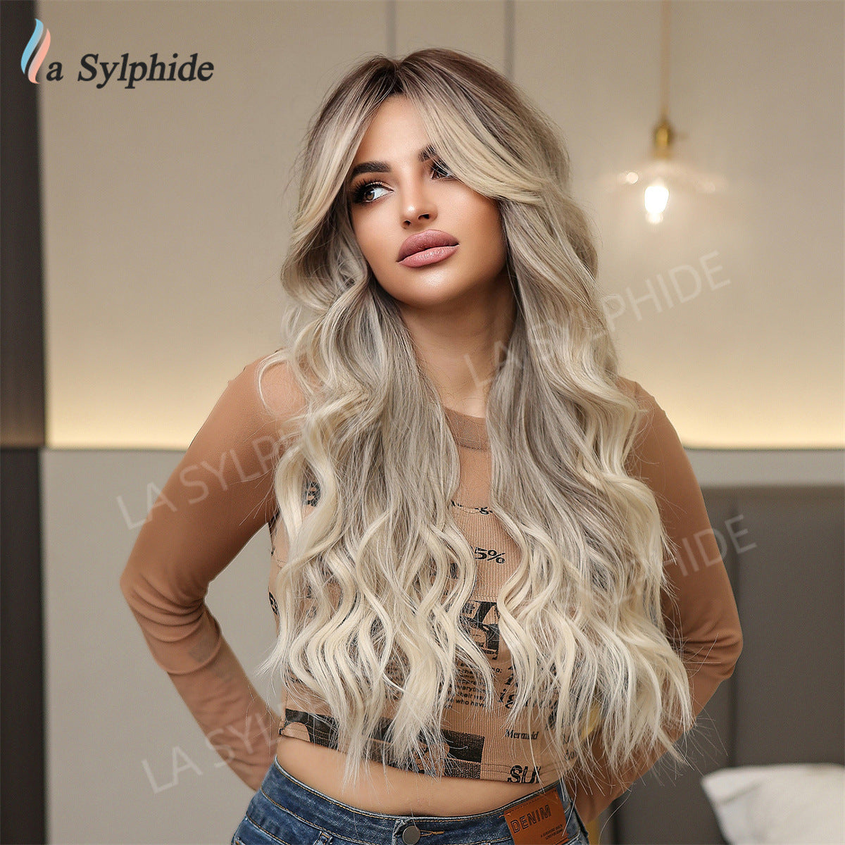 Curly Hair Bangs Natural Golden Brown Wig Long Curls