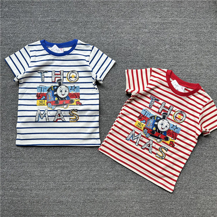Children's Single Summer Train Friends Striped Pure Cotton Short-sleeved Children's T-shirt