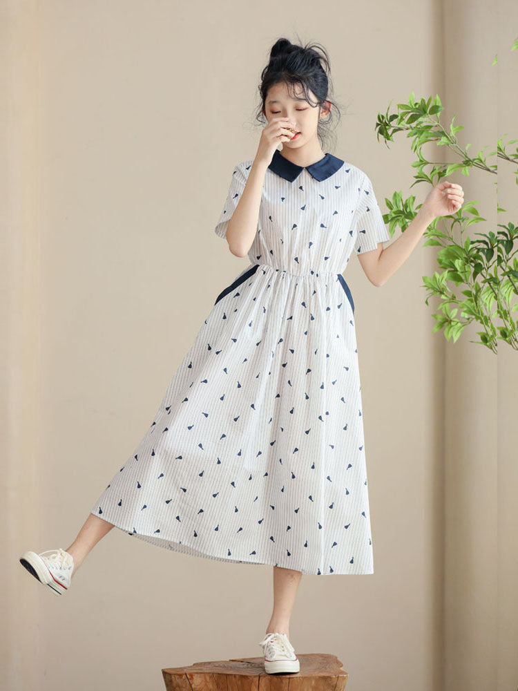 High School Fresh Waist Summer Small Sweet A- Line Midi Children's Dress