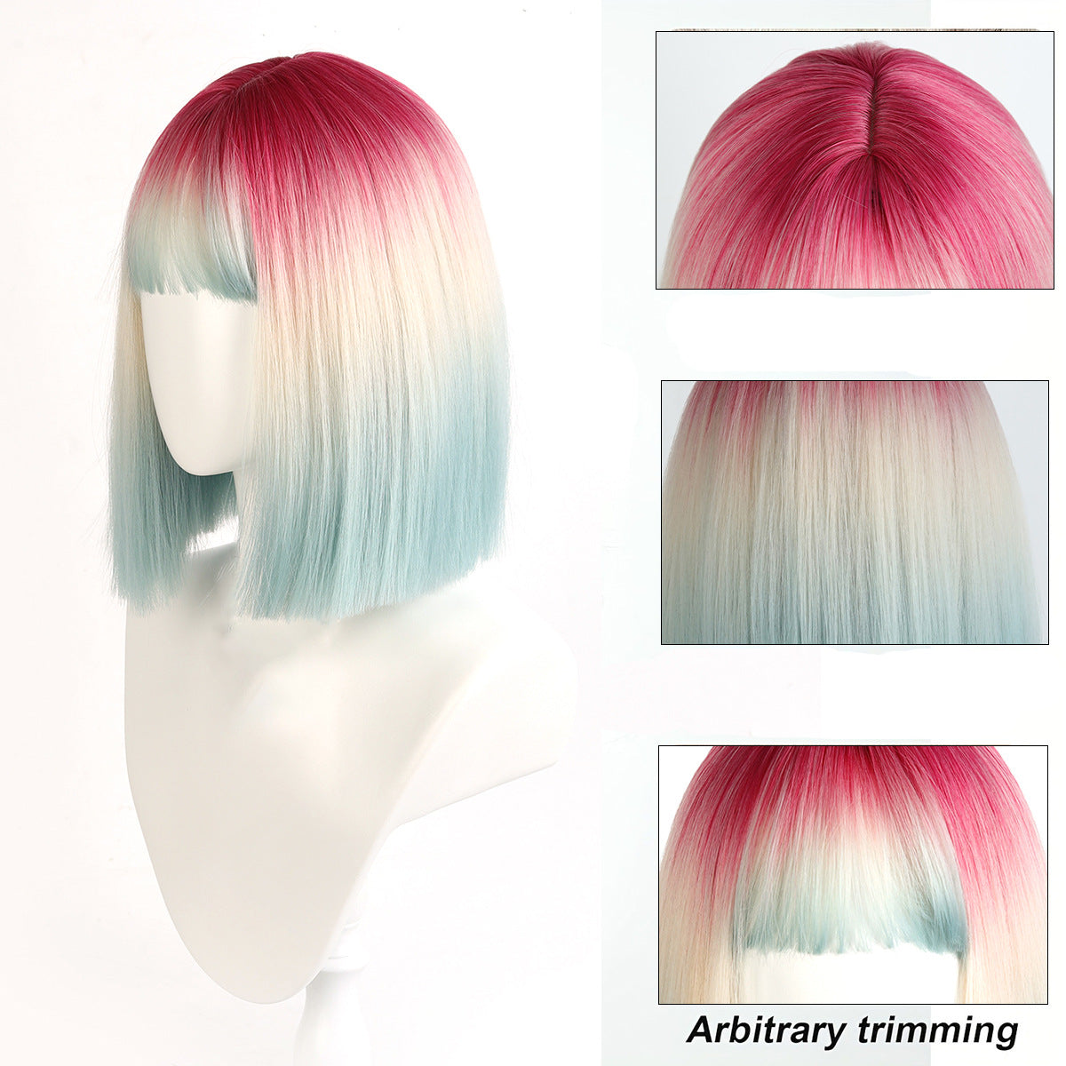 Women's Gradient Rainbow Color Mid-length Fashion Artificial Full Wig Short Straight Hair