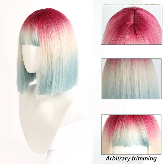 Women's Gradient Rainbow Color Mid-length Fashion Artificial Full Wig Short Straight Hair
