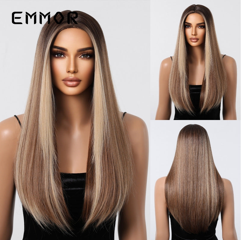 Points Without Bangs Golden Brown Highlight Natural Fashion Full Long Straight Wig