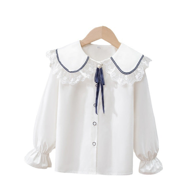 Children's Medium Large Doll Collar White Cotton Long-sleeved Spring Children's Shirt